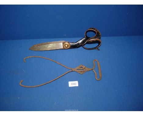 A large pair of Wilkinson Sheffield tailor's scissors, plus "Diamond Ice" ice tongs.