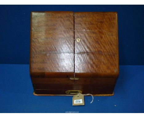A Walnut and Mahogany veneered correspondence Box with one inkwell, (some splits), 15" wide x 13" tall x 8" deep.