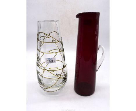 A very thick heavy Swedish style glass vase having random applied olive green trails and thick base, 12 1/4" tall x 5 1/2" wi