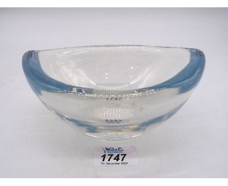 A thick heavy opalescent Art Glass bowl by Orrefors, Sweden, circa 1960's, having a faint light blue tint, with base engraved