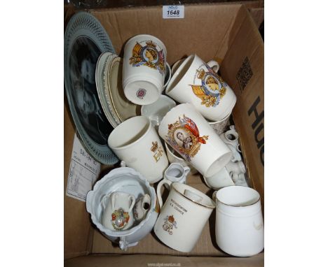 A quantity of Crested ware and Royal commemorative ware to include transfer print Victoria 1887 Jubilee mug, Clarice Cliff Ro