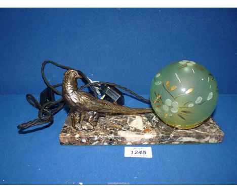 An art deco style Lamp with model of Golden Pheasant mounted next to a green globe nightlight on marble base, 9 1/2" wide x 4