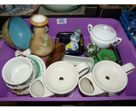 A quantity of china including Royal Crown Derby posy vase, Wade shaving mugs, Radfords flower trough etc., plus a small clois