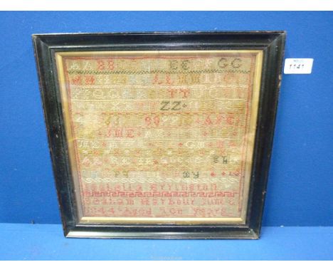 A framed cross-stitch alphabet and numbers Sampler by Isabella Brimston(?), Seaham Harbour 1844, age 10, (some fading and los