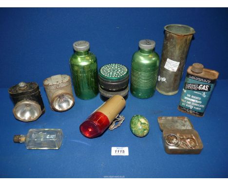 A tray of miscellanea including; vintage bicycle related items, a very rare copper cylinder which originally collected the wa