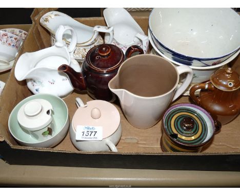 A quantity of miscellaneous china to include: pretty floral hand painted and gilded jug, two hand painted bowls, Poole potter