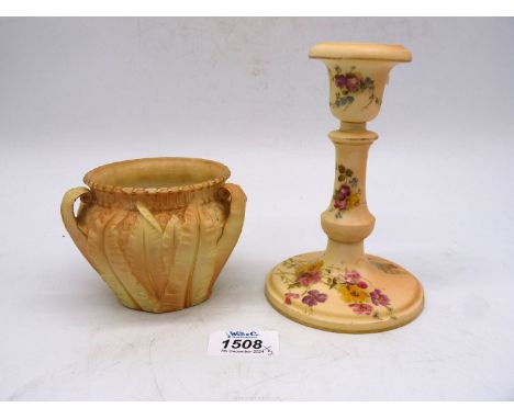 A Royal Worcester Pot with raised palm leaf decoration with three of the leaves making small handles (one broken off), date m