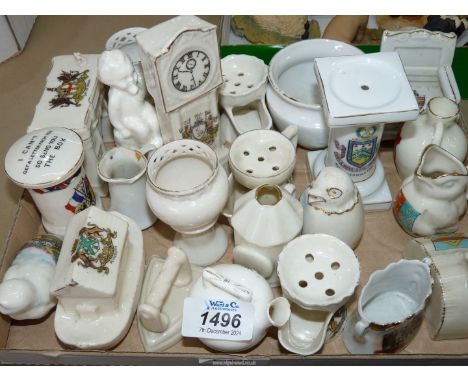 A quantity of Crested ware, 1914 postbox, Grandfather clock etc., some a/f.