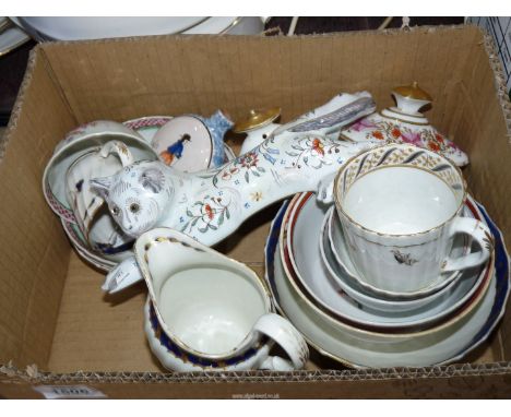A quantity of china including Flight Barr cup, small Quimper style flask, tea bowls, soup bowls, etc., some hairline cracks a