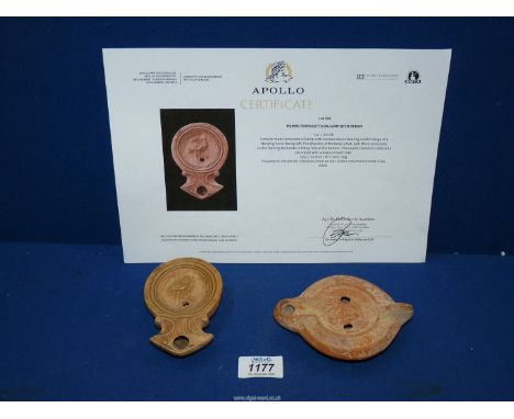 An ancient Roman terracotta oil lamp, 2nd-3rd century AD., the centre moulded with the motif of a heron (ex. Apollo Auctions 