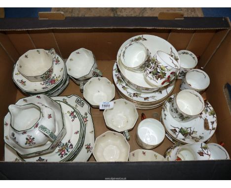A Royal Doulton 'Old Leeds Sprays' tea set including 6 cups and saucers, 6 tea plates, milk jug and sugar basin etc., crazed/