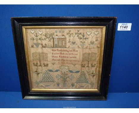 A framed 19th century very fine silk Sampler containing a small verse and depicting a manor house, dogs, hearts, etc., 9" x 8