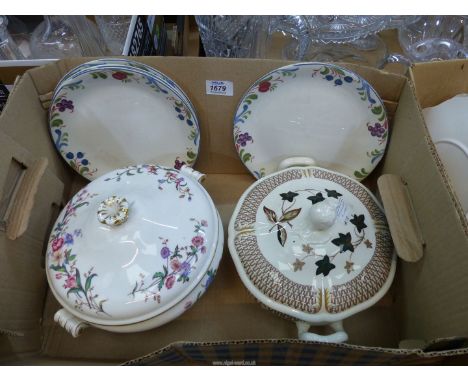 Two Wedgwood lidded dishes: 'Avocado' and 'Devon Sprays', Wedgwood dinner plates and Poole 'Cranbourne' breakfast plates