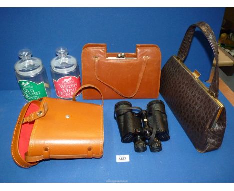 Two leather handbags, a cased pair of Super Zenith 10 x 50 binoculars and glass sweet jars.