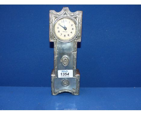 A small Oak novelty mantle Grandfather clock by Mercedes, with silver front Birmingham 1906, makers Henry Williamson Ltd. 8 7