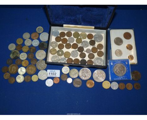 A quantity of coins including two crowns, silver threepence, Fiji shilling and 1850 Spanish 8 Maravedis coin, Britains first 