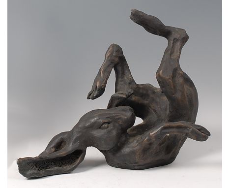 Edward Waites (b.1988) - A cold cast resin model of a lying hare, in playful pose, mid/dark brown patina, incised 'Edward Wai