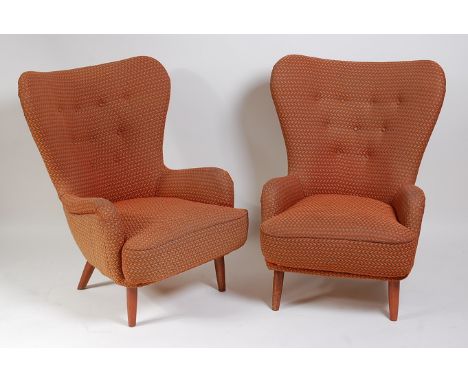 A pair of 1960s buttonback corduroy upholstered armchairs, in the manner of Arne Jacobsen, each having removable cushion seat