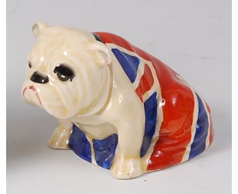 A Royal Doulton glazed ceramic miniature model of a Union Jack bulldog, printed backstamp and 'RD No.645658' verso, h.6cm   C