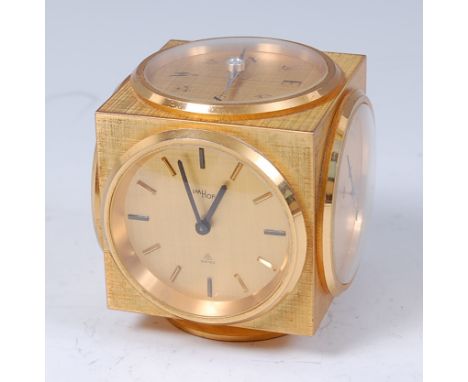 A 1970s Imhof gilt brass five dial weather station, of cube form having clock dial, thermometer etc, on rotating base, stampe