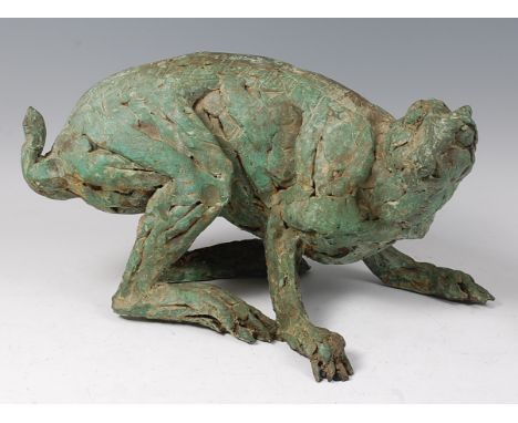 Carol Orwin - A bronzed resin model of a hare, in startled pose, naturalistically modelled, green patina, signed 'Orwin' to s
