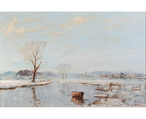 Alistair Kilburn (b.1936) - Winter Morning, oil on board, signed lower right, bearing London Hilton Art Gallery label verso, 