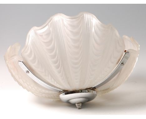 A French Art Deco chrome and moulded glass hanging ceiling light, of scallop shell form, with domed aluminium ceiling fitting