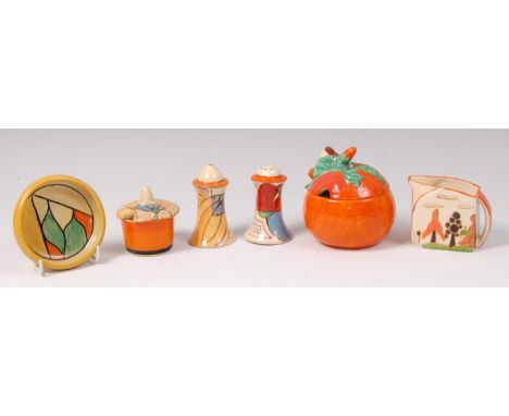 A collection of Clarice Cliff pottery wares, to include; preserve pot and cover in the form of an orange, h.10cm; a pair of s