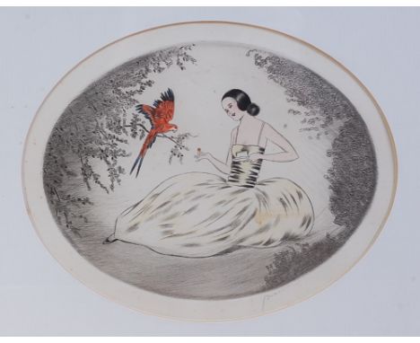 A French Art Nouveau lithograph of a seated woman in a landscape, with parrot, heightened in colour, indistinctly signed in p