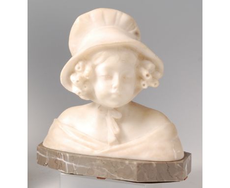 Adolphe Jean Lavergne (French 1863-1928) - An Art Deco carved alabaster bust of a young girl wearing a bonnet, raised on grey