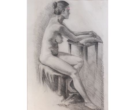 Contemporary school - Nude study of a seated woman, charcoal and pastel, indistinctly signed lower centre, 54 x 40cm