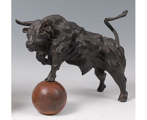 Edward Waites (b.1988) - A cold cast bronzed resin model of a Spanish bull, in fighting pose, its left foreleg raised on a st