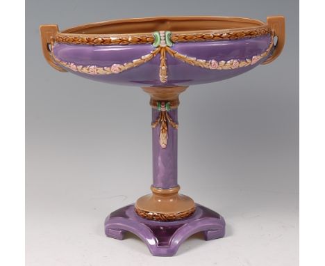 An early 20th century Secessionist Eichwald glazed ceramic twin handled pedestal comport, of shallow oval form, with all-over