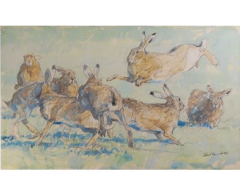 David Bennett SWLA (b.1969) - Leaping Hares with others, watercolour, signed and dated '98 lower right, with The Wildlife Art