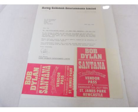 Bob Dylan memorabilia, letter of thanks from Harvey Goldsmith Entertainments Limited to 'Jim' for creating backstage ambience