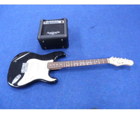 Stagg six string electric guitar, black, with a soft carry case. Also an "Avalanche" GF15 small box amp.