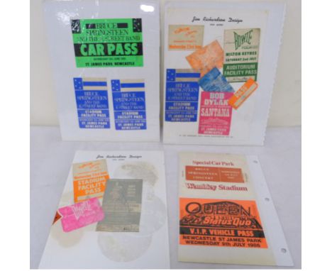 Music memorabilia and ephemera, includes Car passes, facility stadium pass, V.I.P vehicle pass, venue layout diagrams, fabric