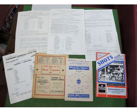 Aldershot 1956-7 v. Millwall Floodlight Opening, (torn), 57-8 v. Worcester F.A Cup at Birmingham, five other Aldershot friend