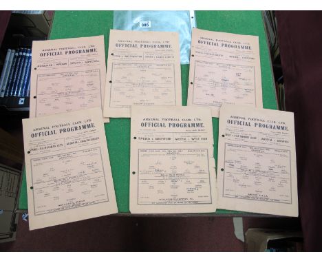 Arsenal Home Programmes, 1945-6 v. Aston Villa, Derby, Swansea, Wolves, Nottingham Forest, Birmingham, (all with two punch ho
