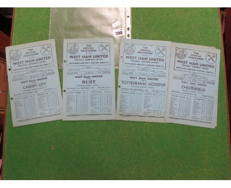 West Ham United Home Programmes, 1947-8 v. Cardiff, Bury, Tottenham, (all with two punch holes), 48-9 v. Chesterfield. (4)