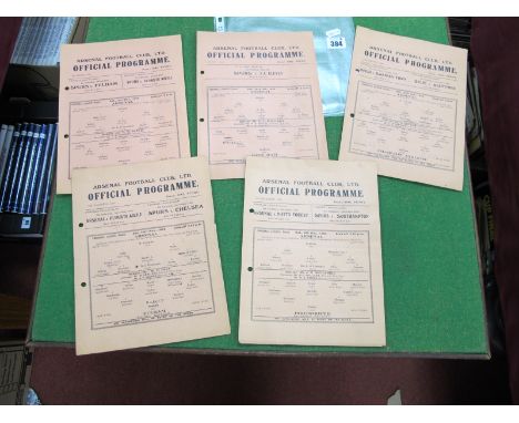 Arsenal Home Programmes, 1945-6 v. Chelsea, Portsmouth, Fulham, Charlton, West Ham, (all with two punch holes). (5)