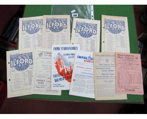 Millwall Programmes, 1946-7 v. Burnley, Orient 48-9 v. Swansea, 1945-6 F.A v. Army P.T.C, England v. Belgium (½ cover absent)
