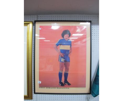 Diego Maradona Poster, of him in his younger days, wearing Boca Juniors Strip, salmon pink background, the lower border Diego