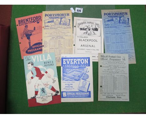 Arsenal Away Programmes, 1945-6 at Millwall, 1946-7 at Brentford, Portsmouth, 47-8 at Blackpool (all punch holes), 48-9 at Po