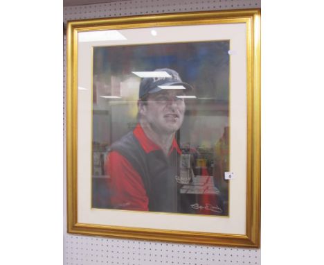 Golf. Portrait of Nick Faldo, original pastel artwork by Stephen Doig, Oxford artist, signed lower right, 54.5 x 45cm.