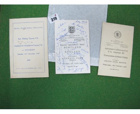 1955 England Amateurs Itinerary For The Game at Scotland, on April 9th, bearing many signatures. 1948 F.A Amateur X1 v. Unive