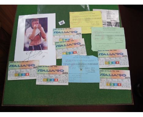 1990 World Cup Tickets, involving England v. Republic of Ireland 11th June, Holland 16th, Egypt 21st, Belgium 26th, Cameroon 