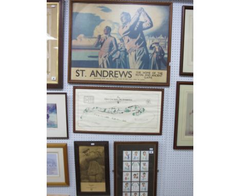 Golf - Art Deco Style St Andrews Poster Print, image 48 x 72.5cm. Repro map of course, Harry Vardon sepia print, Ryder Cup mo