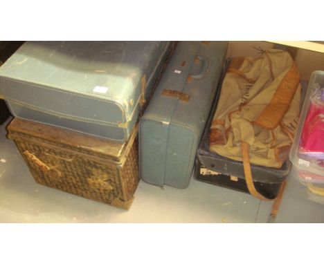 Vintage suitcases, canvas bag and tin trunk