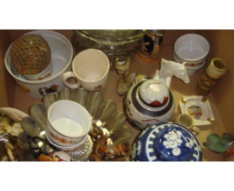 Box of china glass & oddments including Royal Worcester bird, Chinese vases etc.